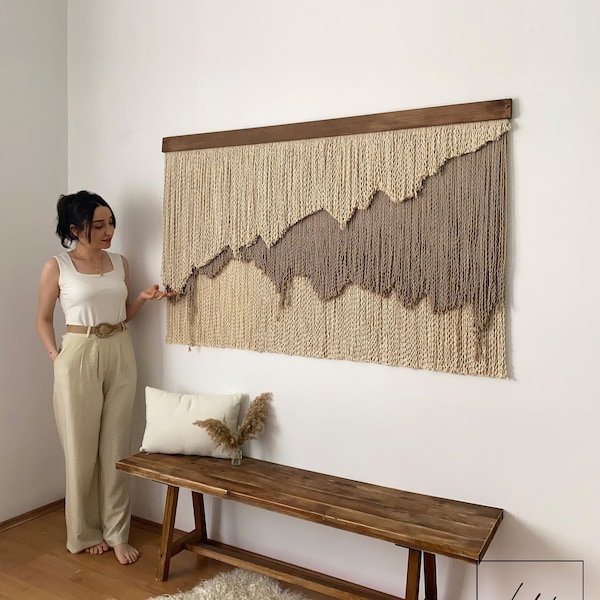 Large Layered Beige Shades Fiber Art Wall Hanging, Natural Wide Tapestry with Curly Thread, Minimalist and Abstract Wabi Sabi Unique Decor