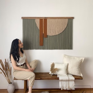 Macrame Fiber Art Wall Hanging with the Leaves Tones that Change Color in Fall, Large Layered Aesthetic Yarn Tapestry Decor for Wide Walls