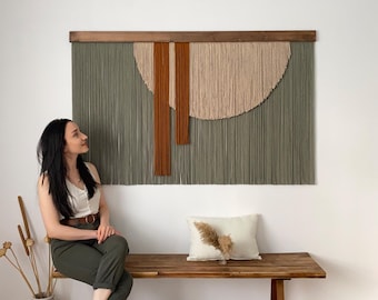 Sage Green Fiber Wall Art with Semi-Circle, Large Layered Macrame Wall Hanging, Caramel Block Modern Yarn Tapestry, Textile Japandi Decor