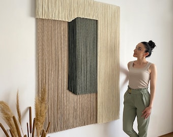 Contemporary Fiber Wall Art, Extra Large Layered Macrame Wall Hanging, Sage Green Textile Tapestry, Luxury Yarn Decor, Artwork "MONOLITH"