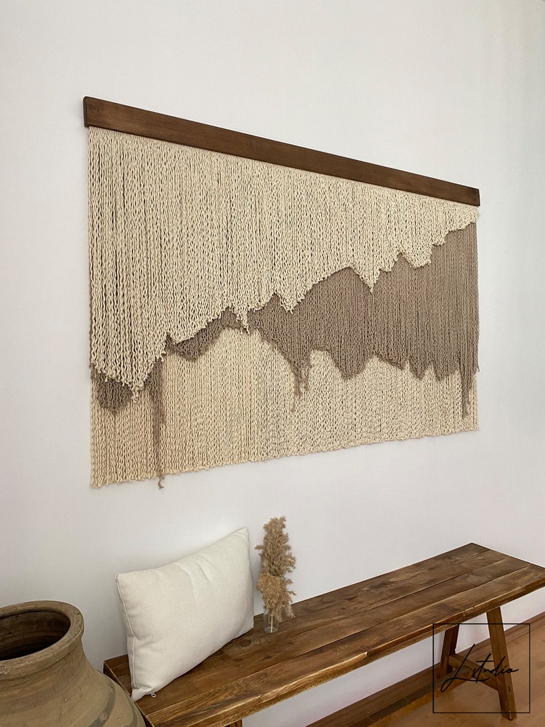 Large Layered Beige Shades Fiber Art Wall Hanging, Natural Wide Tapestry with Curly Thread, Minimalist and Abstract Wabi Sabi Unique Decor image 5