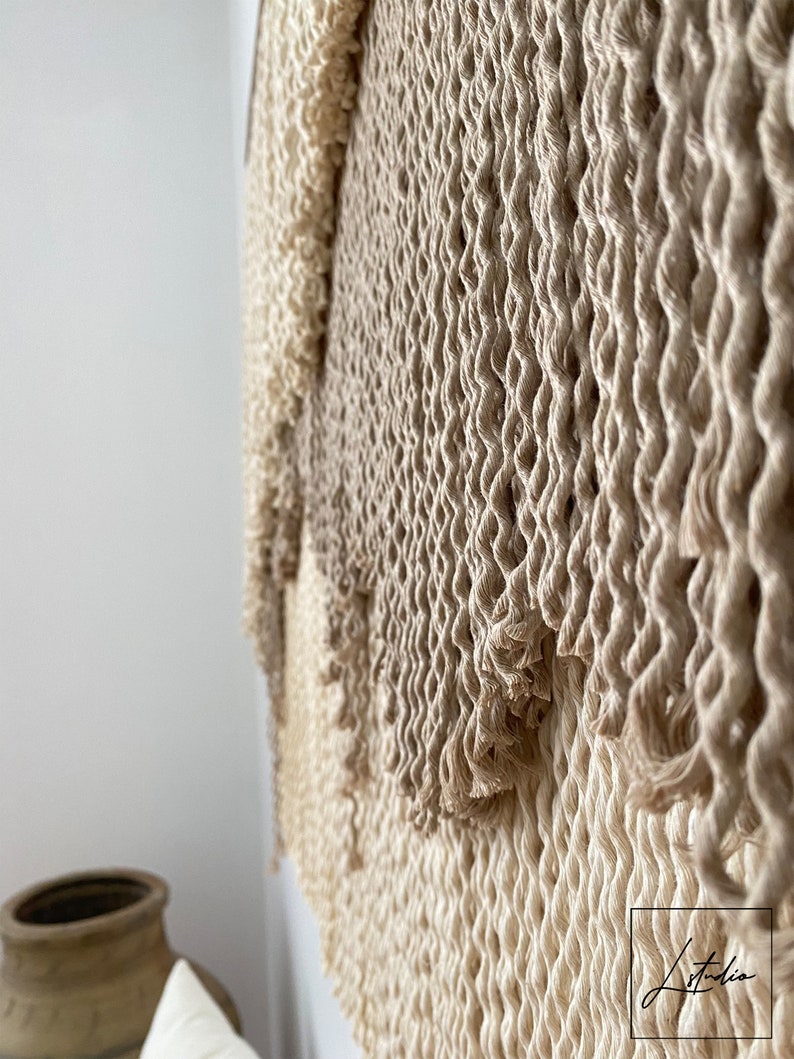 Large Layered Beige Shades Fiber Art Wall Hanging, Natural Wide Tapestry with Curly Thread, Minimalist and Abstract Wabi Sabi Unique Decor image 8