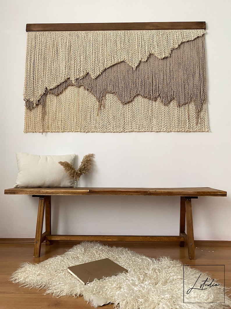 Large Layered Beige Shades Fiber Art Wall Hanging, Natural Wide Tapestry with Curly Thread, Minimalist and Abstract Wabi Sabi Unique Decor image 6
