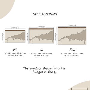 May include: Image displaying size options for a product, labelled M, L, and XL. Each size shows a rectangular design with measurements in both centimetres and inches. The text "The product shown in other images is size L" is also present.