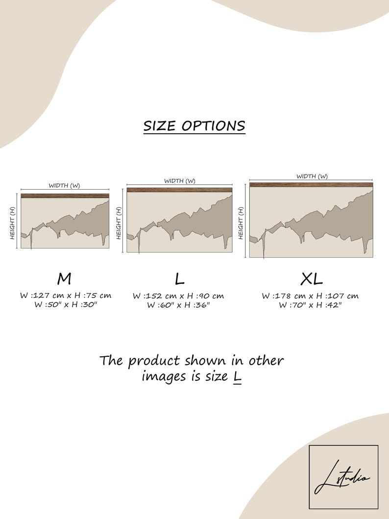 May include: Image displaying size options for a product, labelled M, L, and XL. Each size shows a rectangular design with measurements in both centimetres and inches. The text "The product shown in other images is size L" is also present.