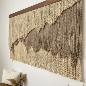 Large Layered Beige Shades Fiber Art Wall Hanging, Natural Wide Tapestry with Curly Thread, Minimalist and Abstract Wabi Sabi Unique Decor image 7