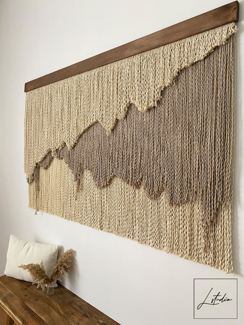 Large Layered Beige Shades Fiber Art Wall Hanging, Natural Wide Tapestry with Curly Thread, Minimalist and Abstract Wabi Sabi Unique Decor image 7