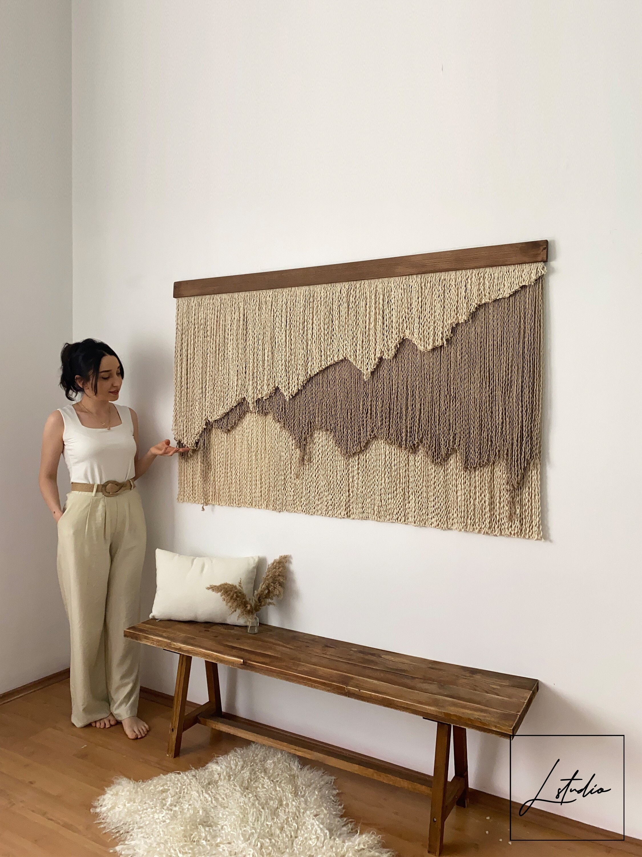 Large Layered Beige Shades Fiber Art Wall Hanging, Natural Wide Tapestry with Curly Thread, Minimalist and Abstract Wabi Sabi Unique Decor