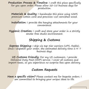 May include: A cream-coloured product details sheet with black text. The sheet outlines production, materials, installation, and hygienic creation processes. It also details shipping, customs, and custom request information. The sheet includes a logo in the bottom right corner.