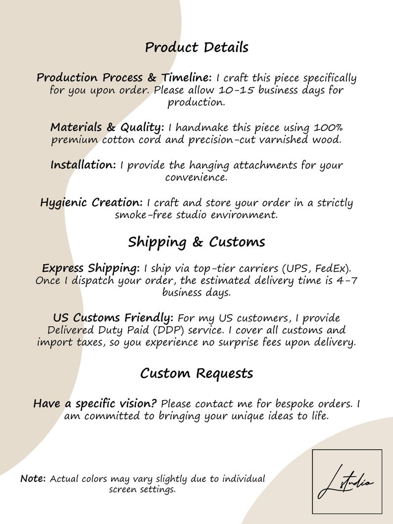 May include: A cream-coloured product details sheet with black text. The sheet outlines production, materials, installation, and hygienic creation processes. It also details shipping, customs, and custom request information. The sheet includes a logo in the bottom right corner.