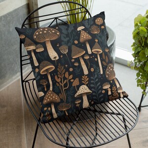 Mushrooms Decorative Pillow Case, Home Decor, Cute Square Pillows, Nature, Woodland Aesthetic, Forestcore, Dark Academia, Black Couch Pillow