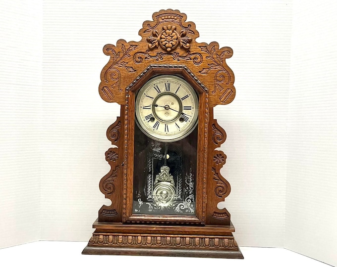 Ansonia Clock Co. Gingerbread Mantel Clock Oak Honey Finish, Circa 1900