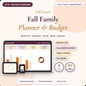 Fall Planner Spreadsheet, Halloween Budget Tracker, Fall Bucket List, Family Events Calendar, Autumn Checklist, Google Sheets Excel