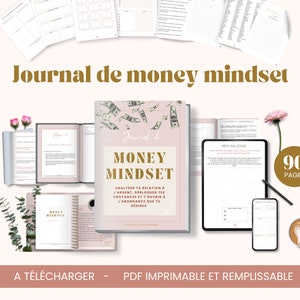 Peut inclure: Un journal imprimable rose et blanc intitulé "Journal de Money Mindset" avec le texte "90 Pages". Le journal est conçu pour aider les gens à analyser leur relation avec l'argent, à débloquer leurs croyances et à s'ouvrir à l'abondance.