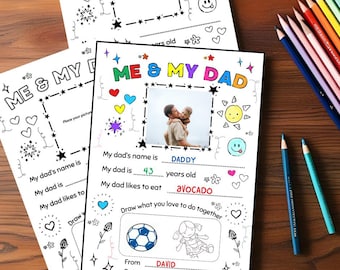 May include: Two "Me & My Dad" colouring pages with a photo frame, fill-in-the-blank sections, and drawings. The pages have colourful accents and are accompanied by coloured pencils. One page is filled out with the name "DADDY", age "43", and favourite food "AVOCADO".