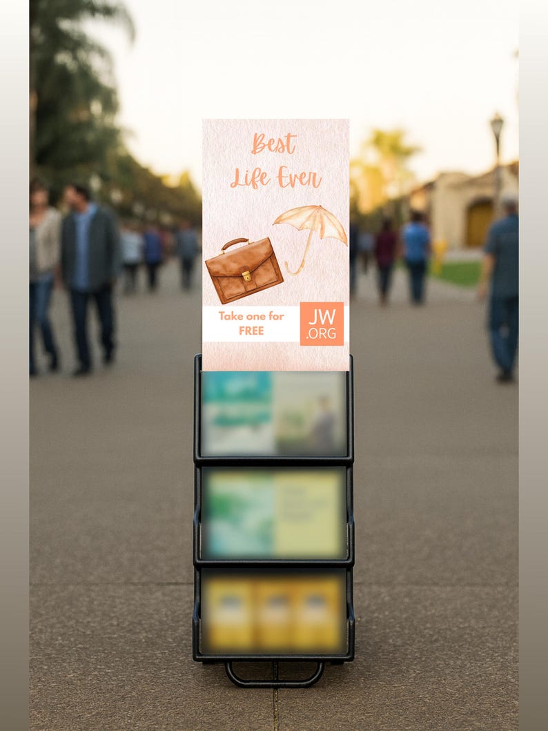 May include: A black metal literature stand with three shelves, holding blurred pamphlets. The top sign reads "Best Life Ever" with illustrations of a briefcase and umbrella. Text below says "Take one for FREE" and "JW.ORG".