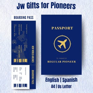 May include: A navy blue passport and boarding pass design with gold accents. The passport features a gold airplane icon and the words "Passport" and "To Paradise Regular Pioneer." The boarding pass reads "New World Airlines" and "Best Life Ever."