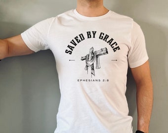 Christian t-shirt for men gift saved by grace tshirt theology gospel Jesus Christ Ephesians 2:8 t shirt