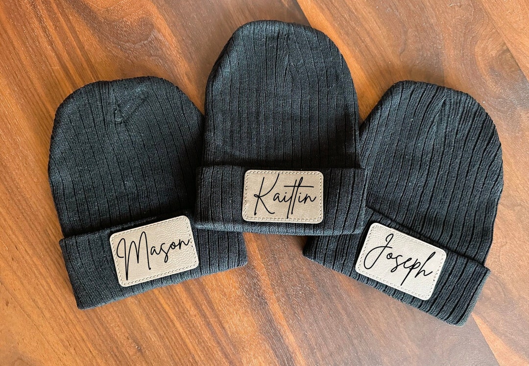 Custom Name Beanies, Personalized Beanie Hats With Leather Patch
