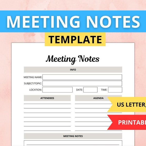 Meeting Notes Template, Meeting Minutes, Meeting Agenda, Meeting Planner, Printable PDF