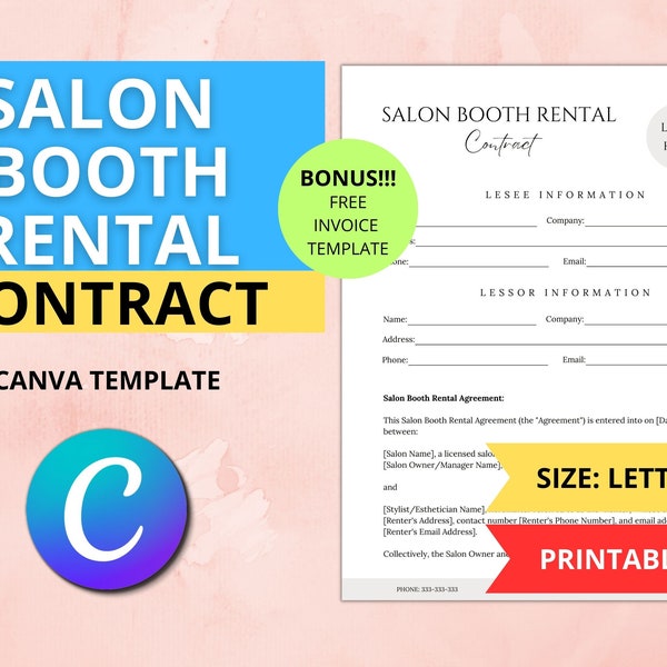 Salon Booth Rental Contract, Editable CANVA Template, Salon Station Contract, Lease Agreement PDF