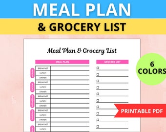 Weekly Meal Plan and Grocery List, Meal Plan Template, Meal Prep Planner, Printable PDF Grocery List