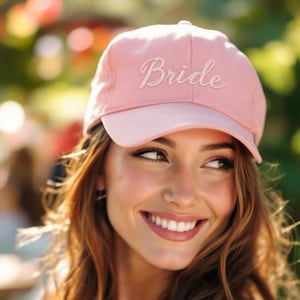 Peut inclure: Casquette de baseball rose clair avec le mot "Bride" brodé en blanc. La casquette a une visière incurvée. L'arrière-plan est flou avec des teintes vertes et rouges. La personne porte des cheveux bruns longs et ondulés.