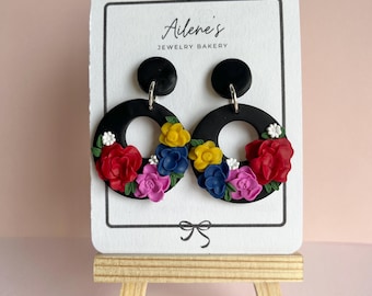 Bright Mexican Inspired Flower Statement Dangle Earrings