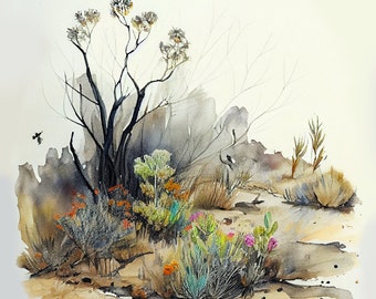 Desert theme watercolor digital art , flower of the desert , 4 PNG digital AI generated files