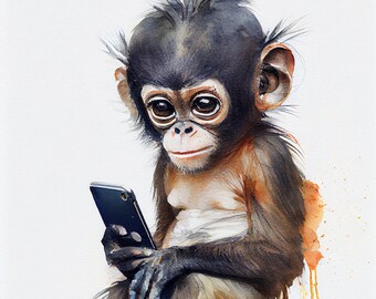 Cute little spider monkey on the phone, monkey watercolor cutness, 4 PNG files