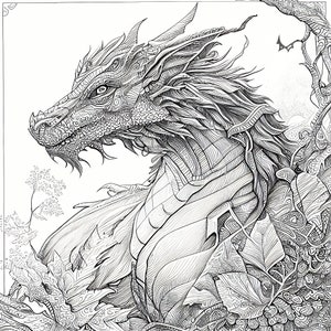May include: A detailed black and white line drawing of a dragon's head and neck. The dragon is surrounded by intricate patterns and designs.