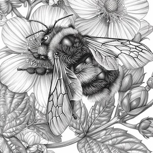 May include: A black and white pencil drawing of a bumblebee pollinating a flower. The bumblebee is in focus, with the flower and leaves blurred in the background.