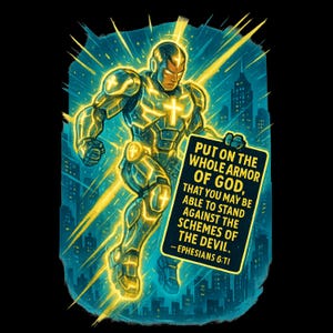 May include: A digital illustration of a superhero wearing armor with a cross on the chest. The superhero is standing in front of a city skyline with a yellow glow. The text on the sign reads "Put on the whole armor of God, that you may be able to stand against the schemes of the devil. - Ephesians 6:TI"