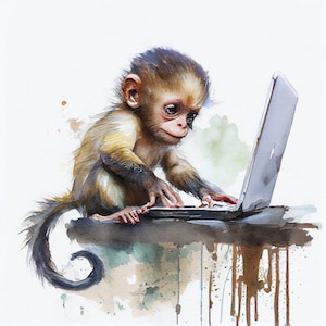 Małpa kapucynka na komputerze, słodka małpa kapucynka w akwareli, 1 plik cyfrowy PNG