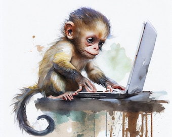 Capuchin monkey on the computer, cute capuchin monkey in watercolor, 1 PNG digital file