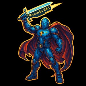 May include: A blue armored figure with a red cape holds a sword with the text "Proverbs 24:1" on it. The figure has a cross on its chest and another on its belt.