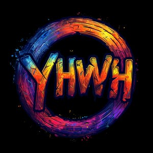 May include: A colorful circular design with a textured, wooden look. The word "YHWH" is written in bold, colorful letters inside the circle.