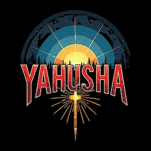 May include: A retro-style graphic design with the word "YAHUSHA" in red and white letters, a golden cross with a sunburst behind it, and a blue and orange globe with stars in the background.