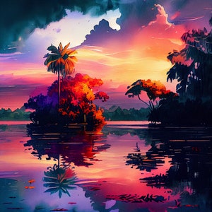May include: A watercolour painting depicting a tropical sunset over a tranquil lake. The sky is a vibrant blend of pink, orange, and purple, with dark clouds in the background. Palm trees and other foliage line the shore, reflected in the water.