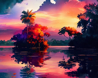 Tropical sunset in watercolor, beautiful calming scene, 4- PNG computer generated  artwork