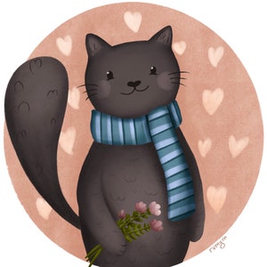Cute Cat Holding Bouquet of Flowers, Digital Print, Digital Wall Decor, Digital Card, Original Digital Drawing, Pink Blush with Hearts