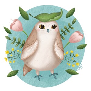 Cute Owl Surrounded by Flowers, Floral Print, Digital Art, Digital Print, Digital Wall Decor