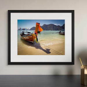 Thai Longtail Boat Wall Art – Tropical Beach Photography, Thailand Travel Print, Coastal Decor for Home, Office or Gallery Space