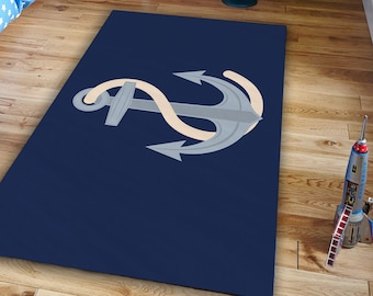 Yacht Rug, Anchor Rug, Modern Carpet for Living Room, Bedroom, Non-slip Runner Rug for Kitchen, Dining Room Carpet, Navy Rug