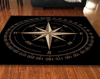 Black Compass Rug, Gold and Black Rug, Decoration Rug,Non-Slip Rug, Map Carpet, Office Carpet, Black Rug, Sailor Carpet, Yacht Carpet