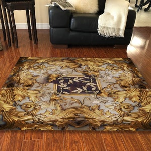 Damasque Print Rug, Modern Carpet for Living Room, Bedroom, Non-slip Runner Rug for Kitchen, Dining Room Carpet, Gold Rug, Classic Rug