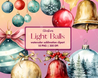 Christmas light balls watercolor clipart, Christmas decorated
