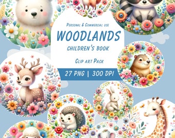 Woodland Creatures Clipart, DIGITAL DOWNLOAD, Flowers Woodland Illustrations, Forest Animals, Children&#39;s book,Commercial Use, transparentPNG