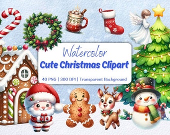 Cute Christmas watercolor clipart, Santa, reindeer, tree, Candy cane, angel, Gingerbread cookies, Gingerbread House, Christmas ornaments