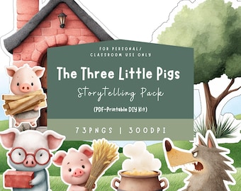 Three Little Pigs Storytelling Kit: Printable Story Props, Preschool Literacy (PNGs, PDF Bonus